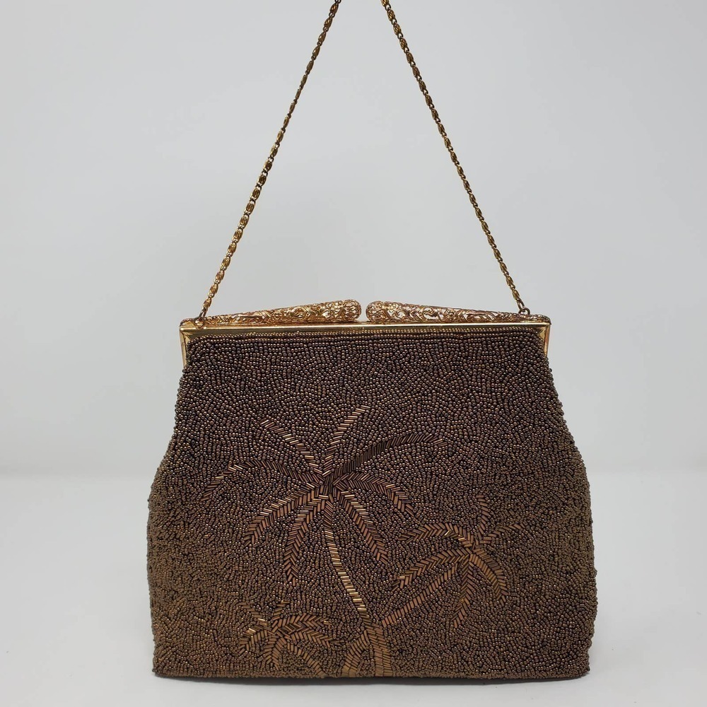 Vintage Eagle Brand Beaded Palm Tree Purse - 1960s Black Beaded Evening Bag Meta